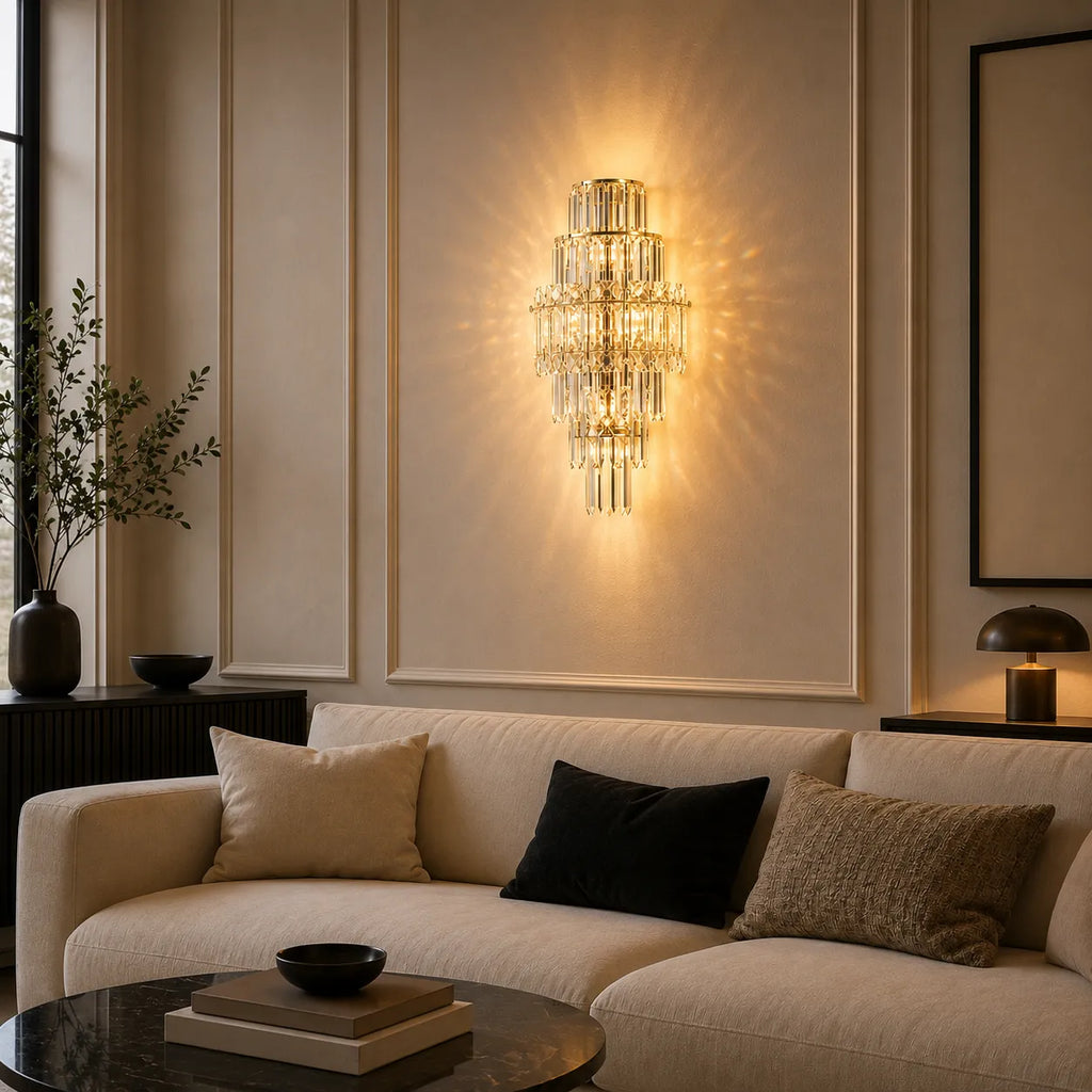 Applique murale dorée en cristal installée sur le mur d'un salon
