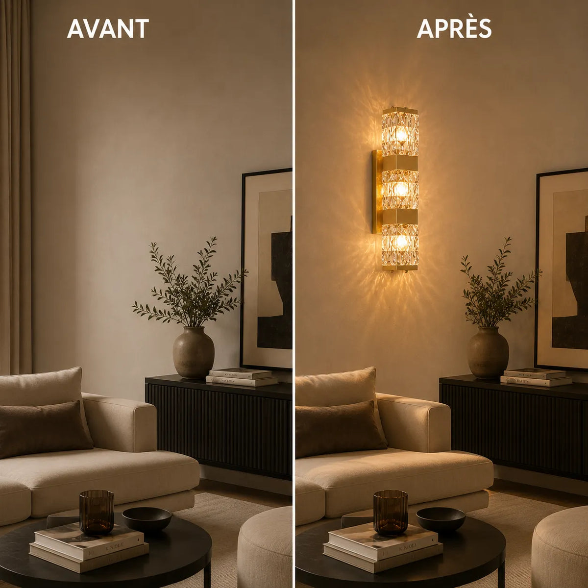 Avant et après installation de l'applique murale dorée en cristal facetté