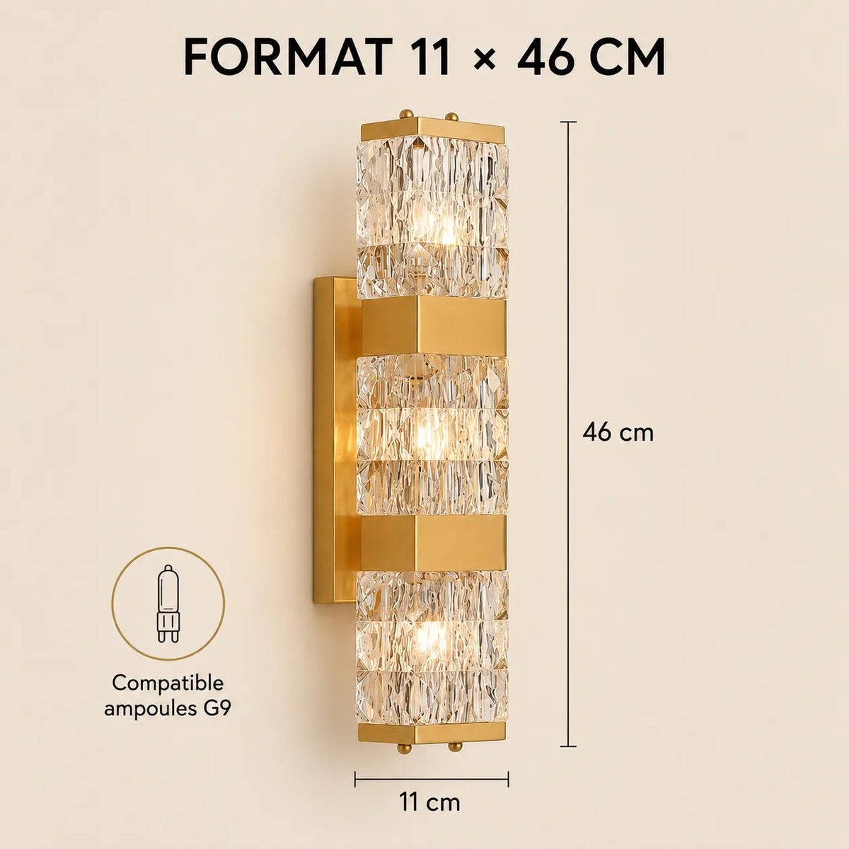 Dimensions 11 × 46 cm de l'applique murale dorée compatible G9
