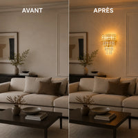 Avant et après installation de l'applique murale dorée en cristal à franges
