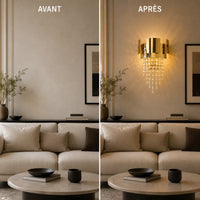 Avant et après installation de l'applique murale dorée géométrique dans un salon
