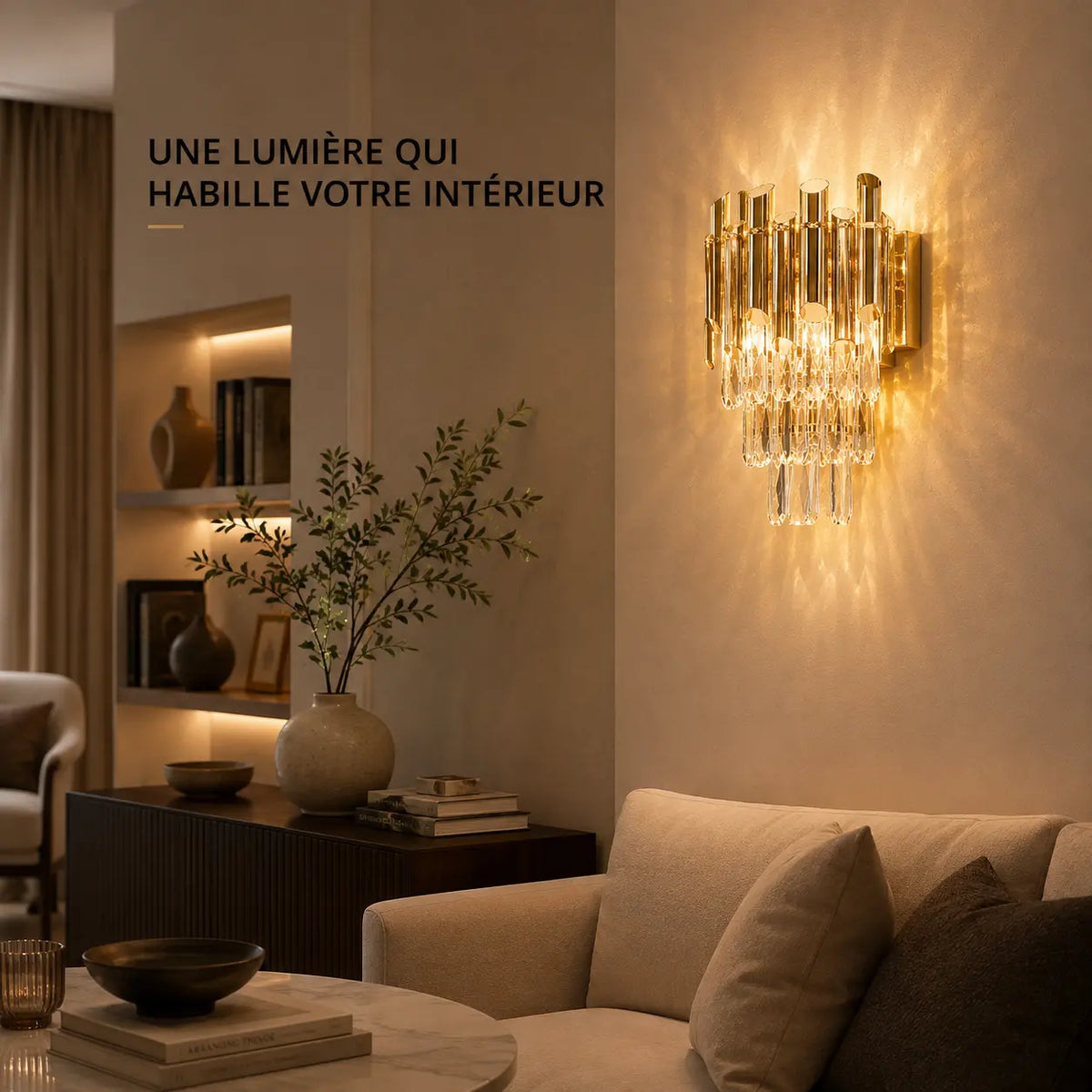 Applique murale dorée en cristal à pampilles installée dans un intérieur élégant

