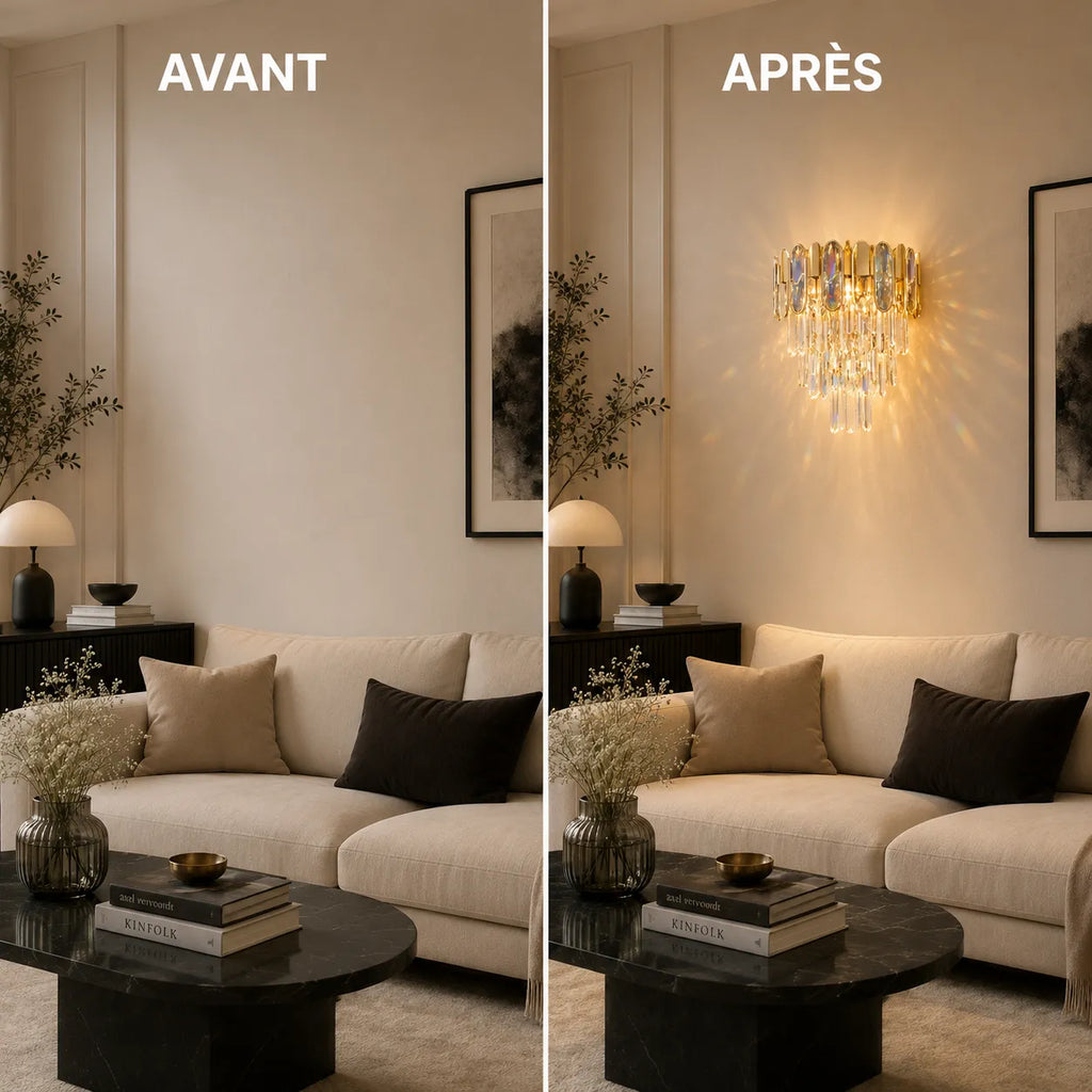 Avant et après installation d'une applique murale dorée en cristal dans un salon
