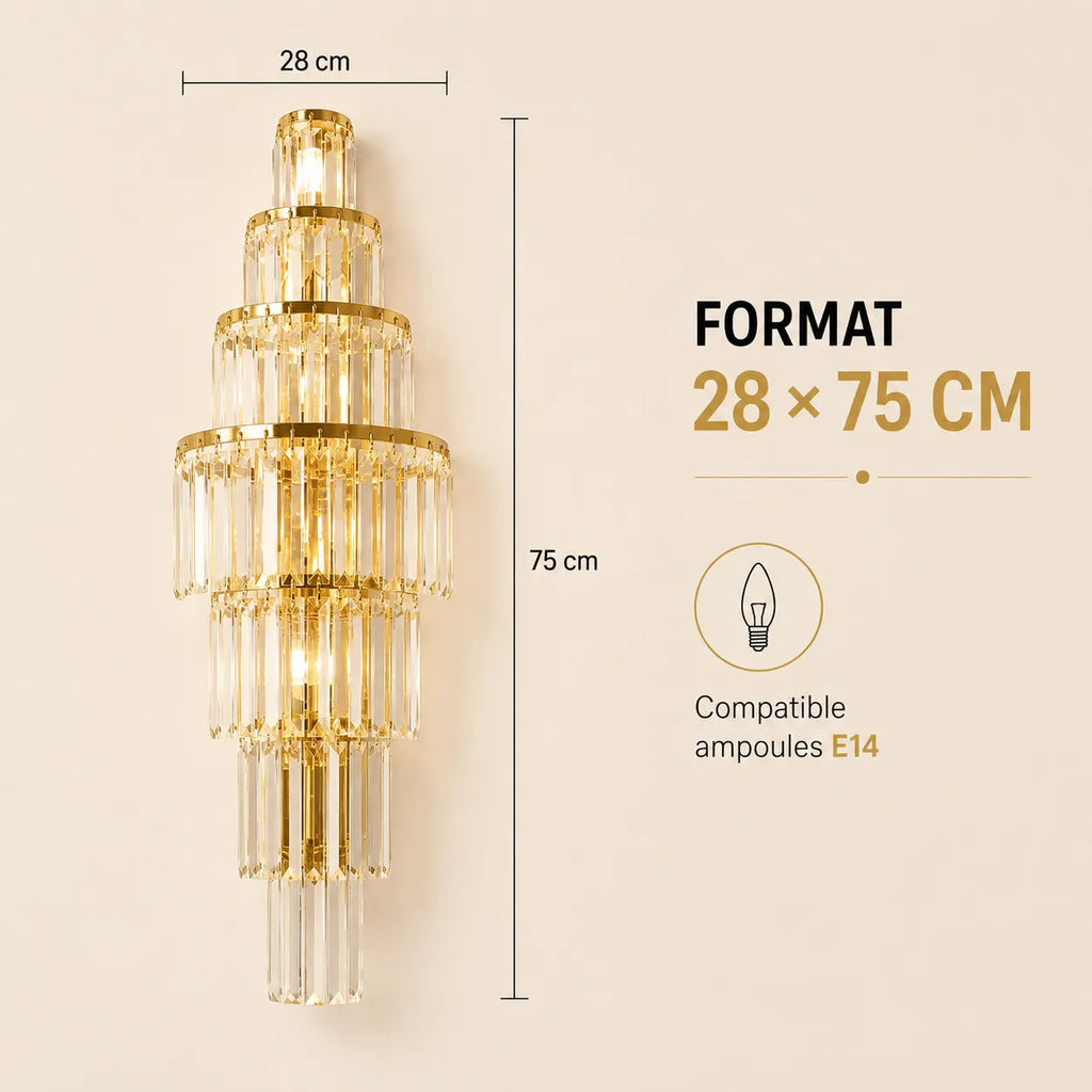 Dimensions 28 × 75 cm de l'applique murale dorée compatible E14
