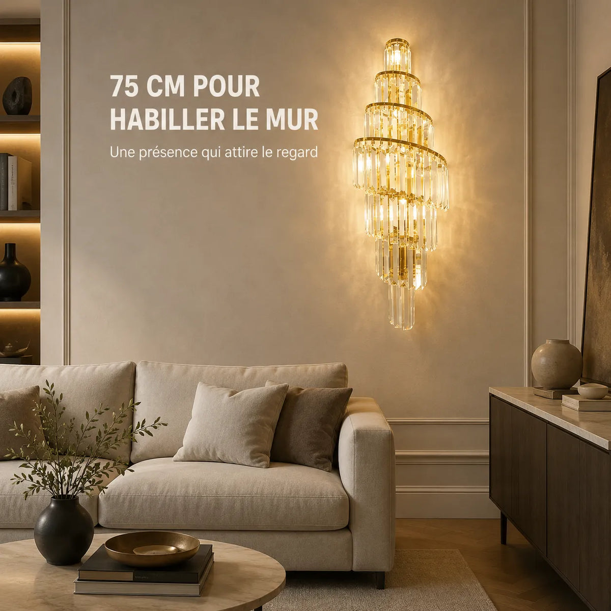 Applique murale dorée en cristal de 75 cm installée dans un salon
