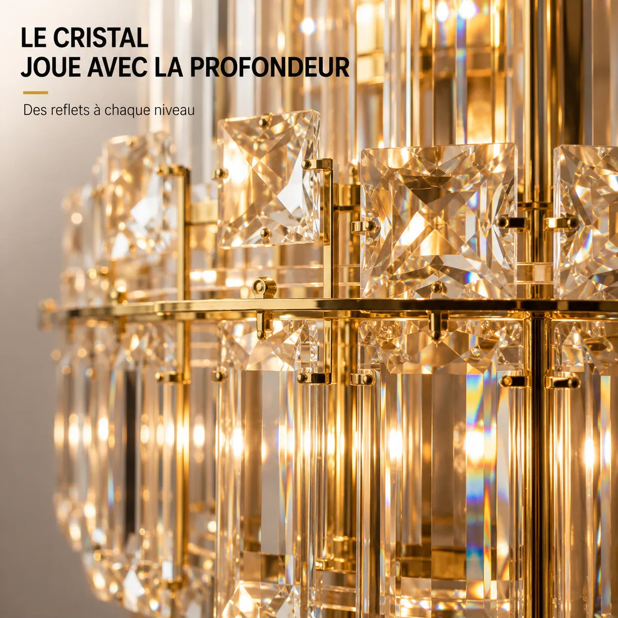 Gros plan sur les différents niveaux de cristal de l'applique murale dorée
