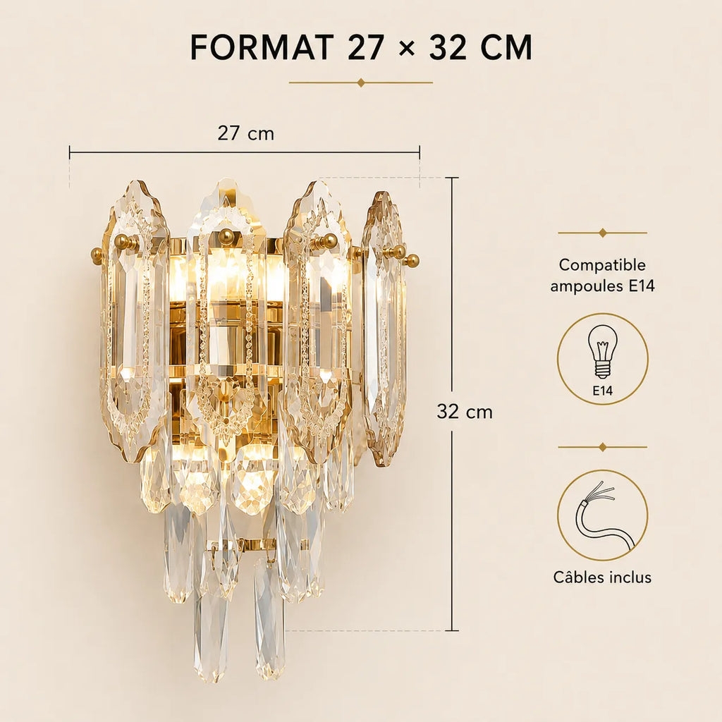 Dimensions 27 × 32 cm de l'applique murale dorée compatible E14
