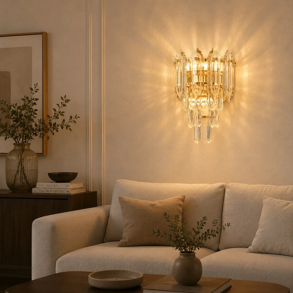 Applique murale dorée en cristal taillé installée dans un salon