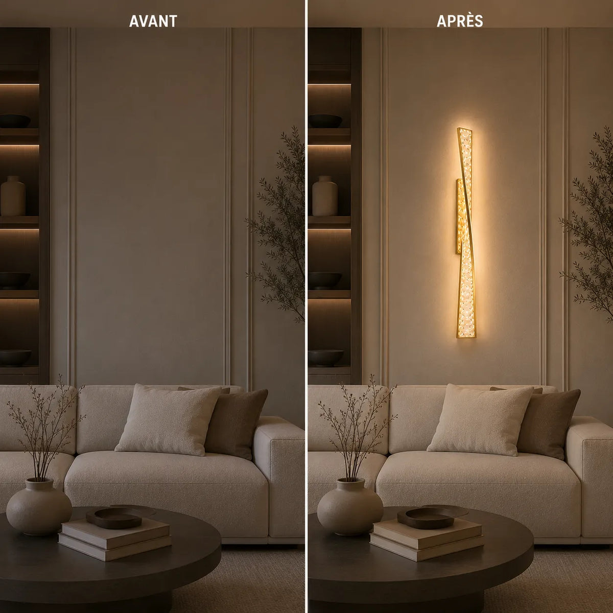 Avant et après installation de l'applique murale dorée LED en cristal
