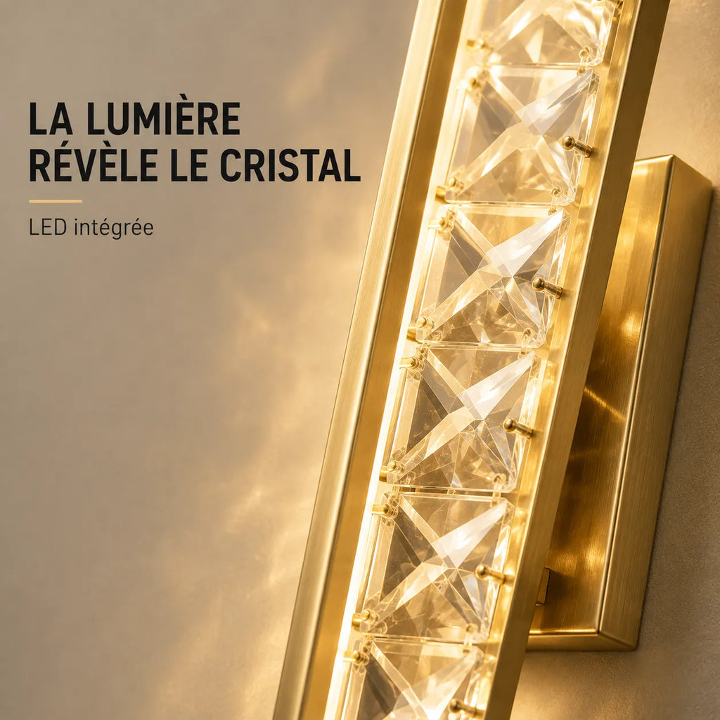 Gros plan sur le cristal et la lumière LED de l'applique murale dorée