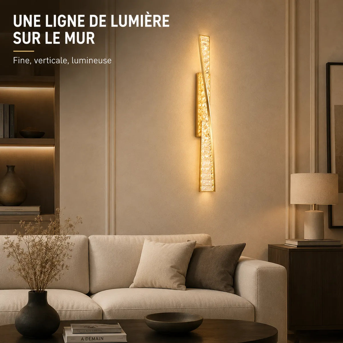 Applique murale dorée LED en cristal installée dans un salon contemporain
