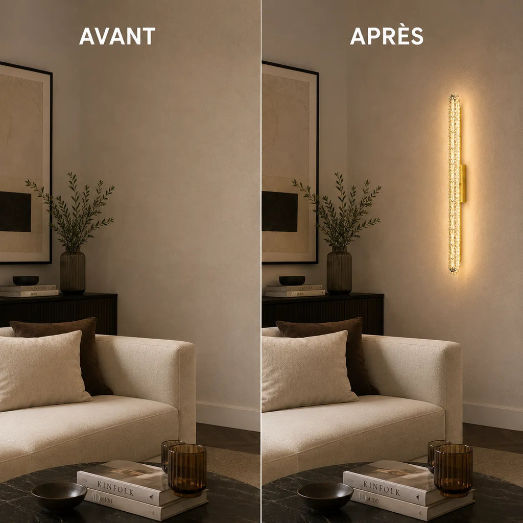 Avant et après installation de l'applique murale dorée LED ultra-fine
