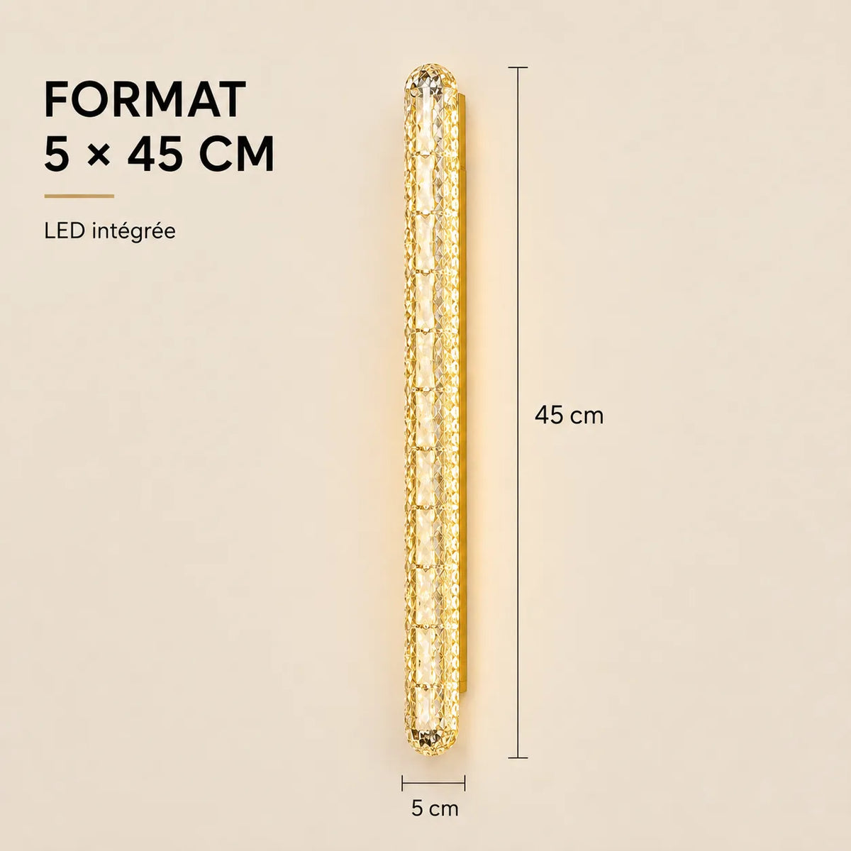 Dimensions 5 × 45 cm de l'applique murale dorée LED ultra-fine
