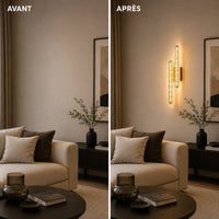 Avant et après installation de l'applique murale dorée LED double dans un salon
