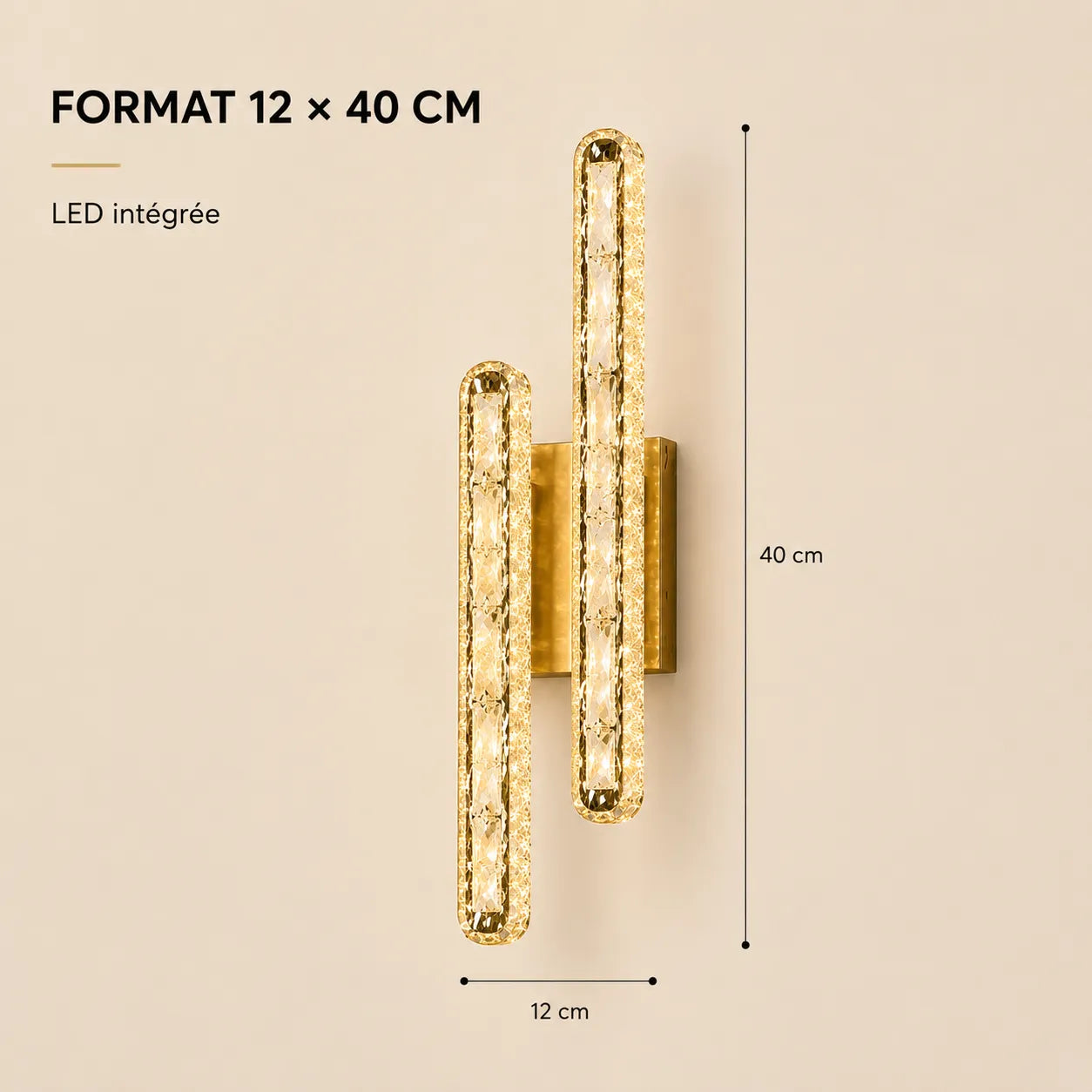 Dimensions 12 × 40 cm de l'applique murale dorée LED double
