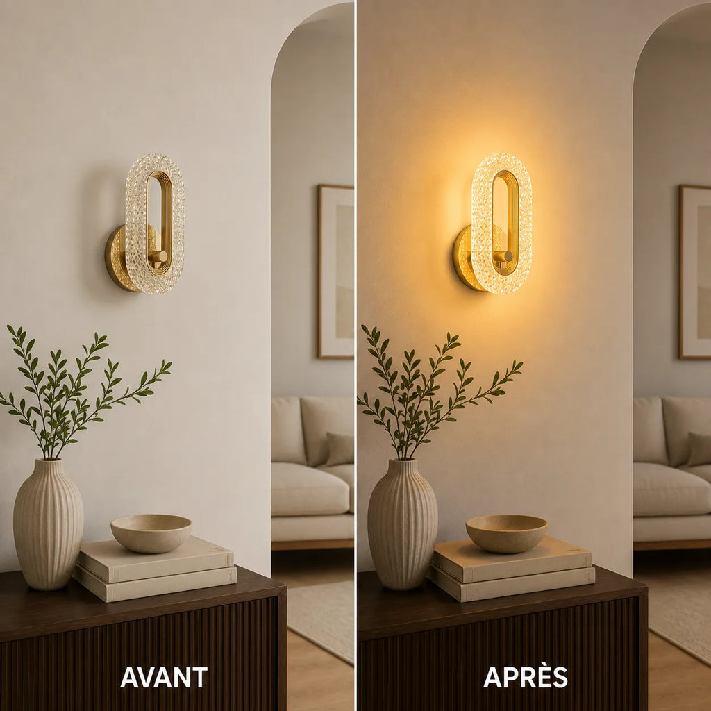 Avant et après installation de l'applique murale dorée LED ovale