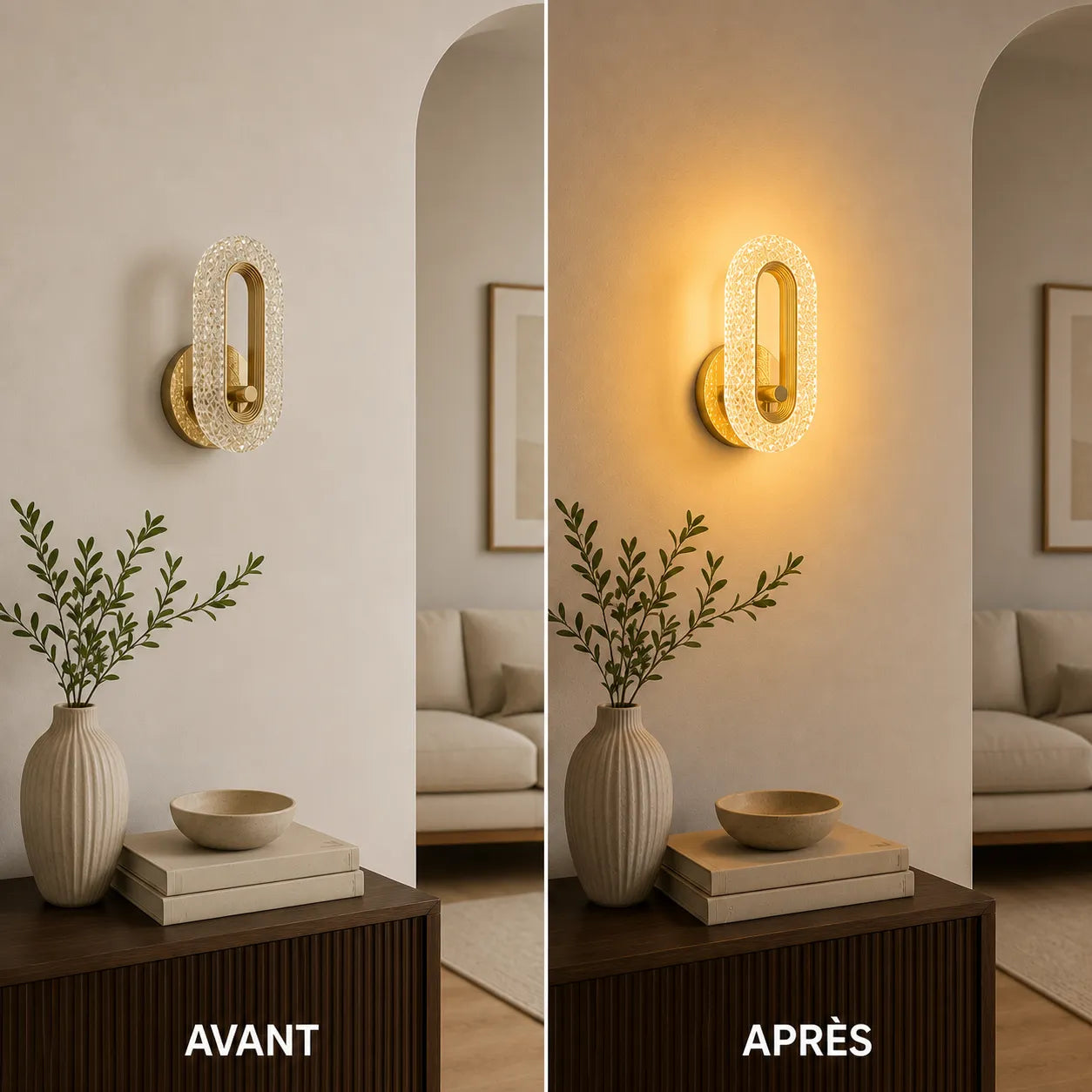 Avant et après installation de l'applique murale dorée LED ovale
