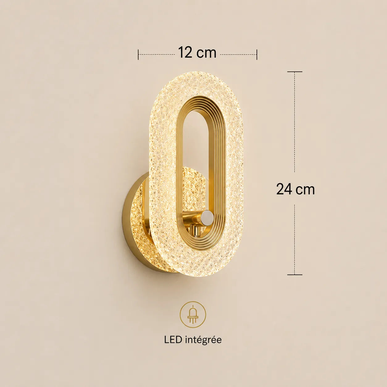 Dimensions 12 × 24 cm de l'applique murale dorée LED ovale
