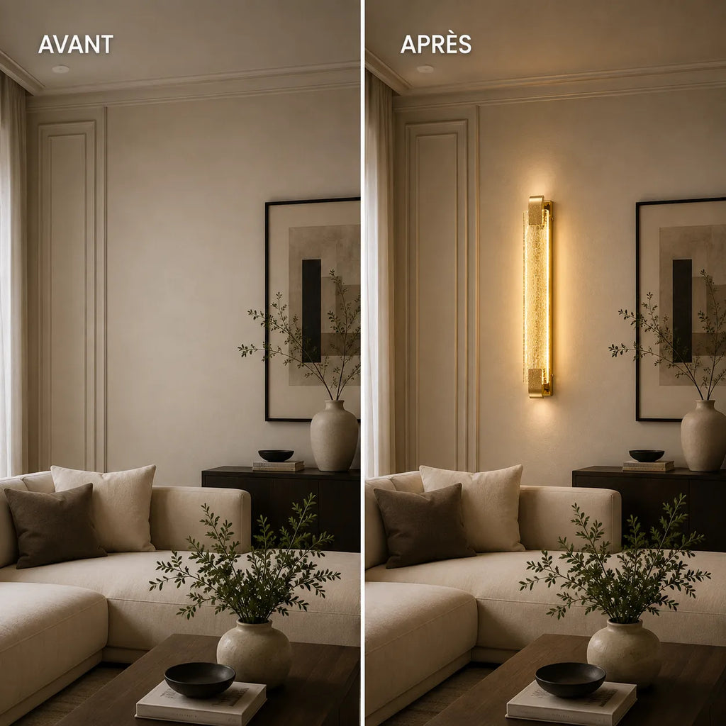 Avant et après installation de l'applique murale dorée LED en verre texturé