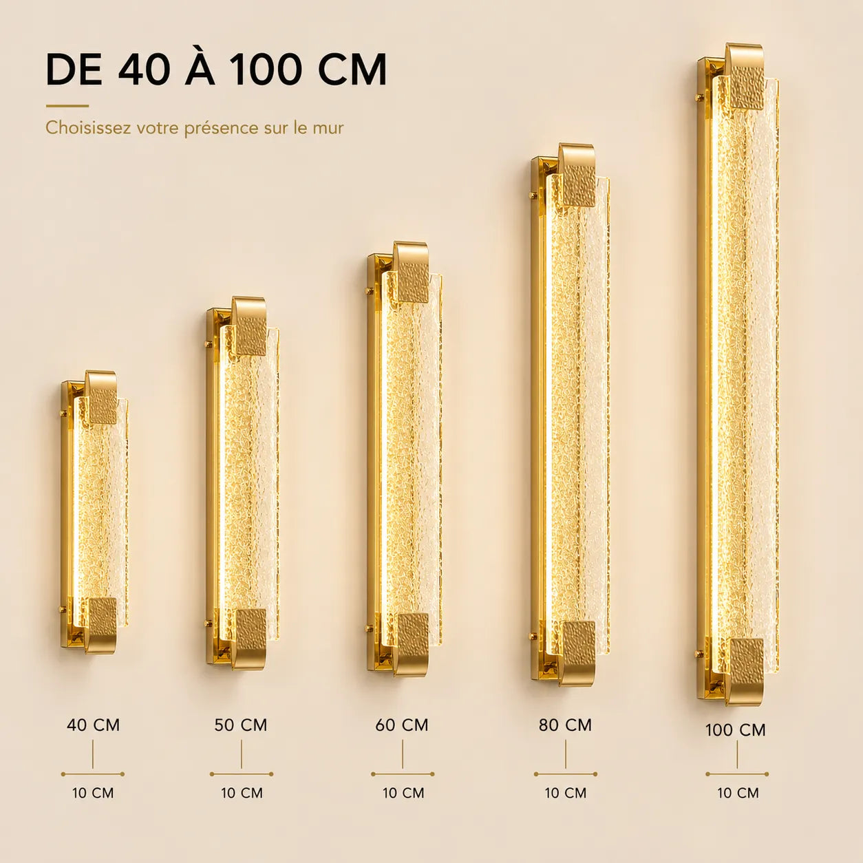 Applique murale dorée LED disponible de 40 à 100 cm