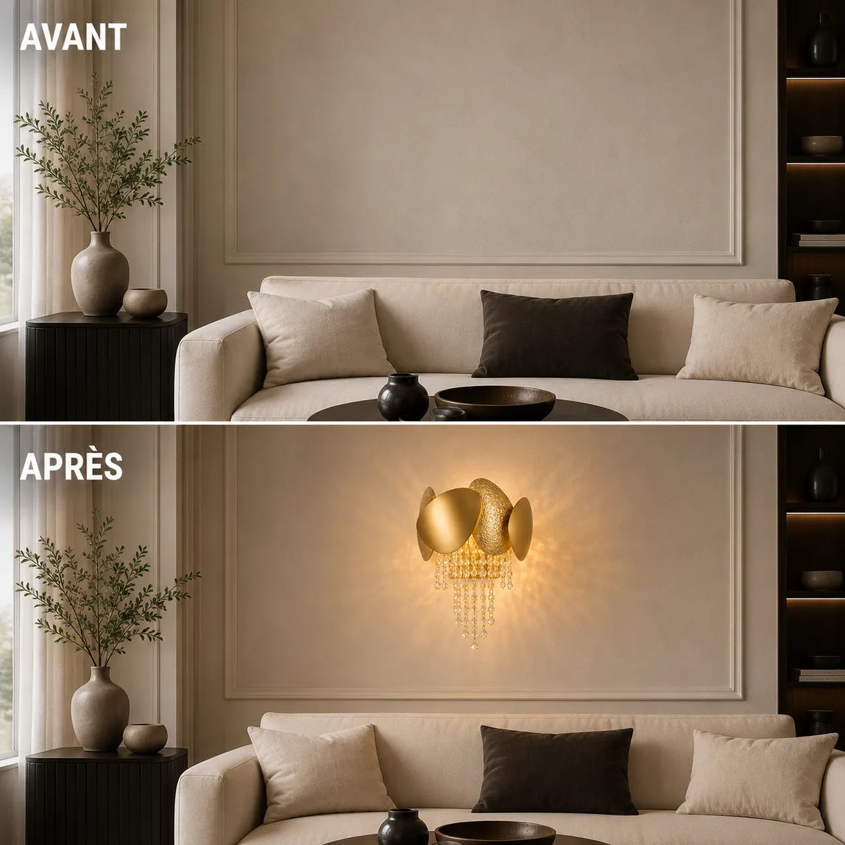 Avant et après installation de l'applique murale dorée sculpturale dans un salon
