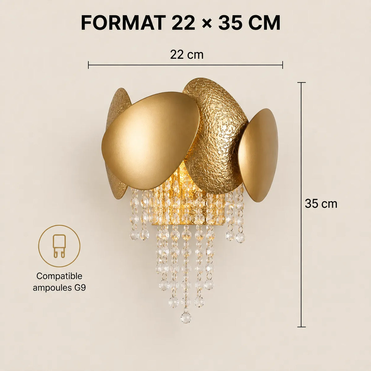 Dimensions 22 × 35 cm de l'applique murale dorée compatible G9
