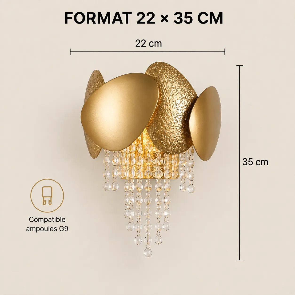 Dimensions 22 × 35 cm de l'applique murale dorée compatible G9
