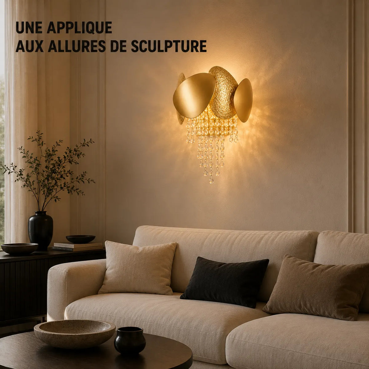 Applique murale dorée sculpturale installée dans un salon contemporain
