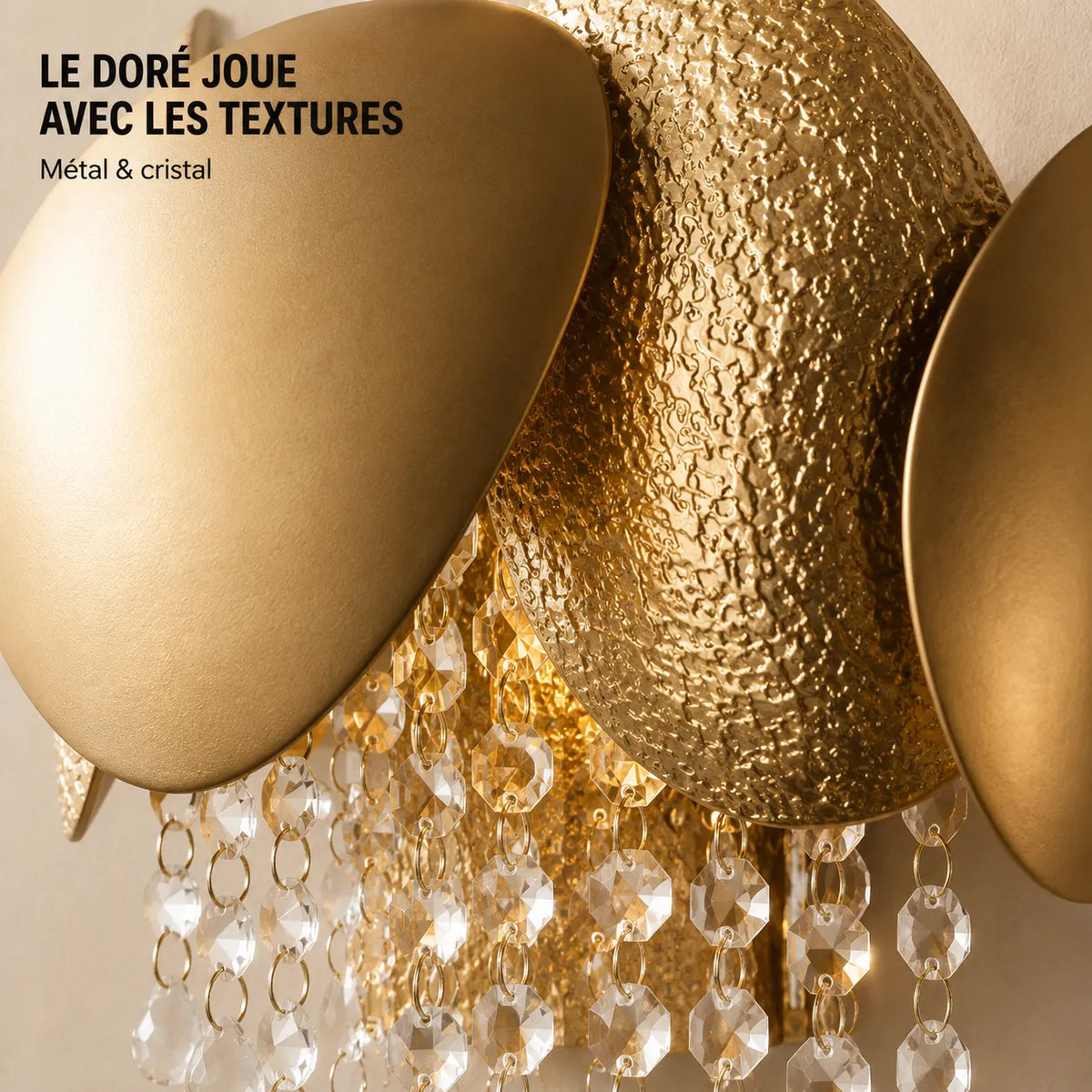Gros plan sur les textures en métal doré et cristal de l'applique murale
