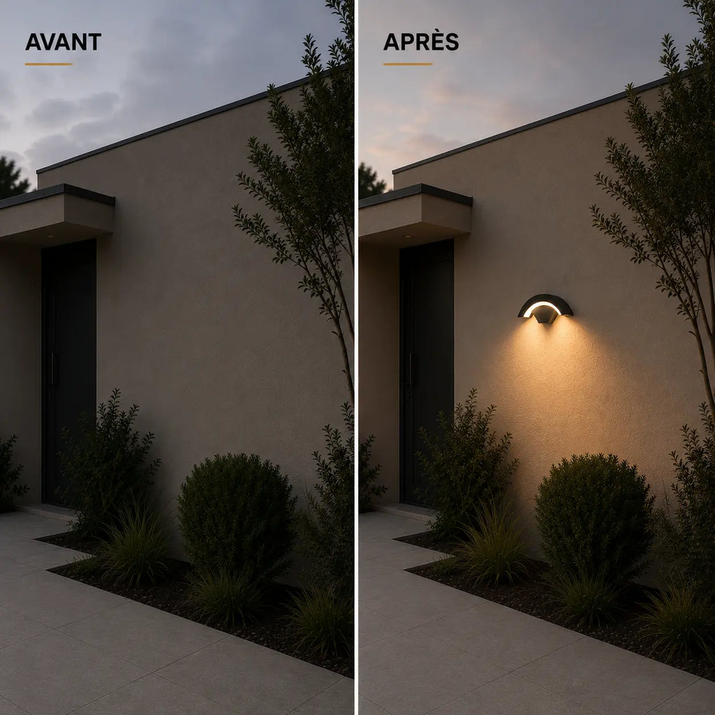 Avant et après installation d'une applique murale extérieure LED demi-lune