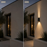 Avant et après installation d'une applique murale extérieure LED noire à double faisceau