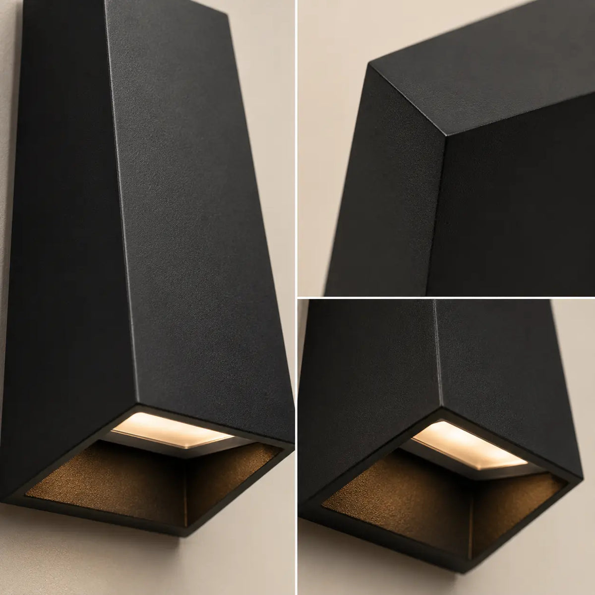 Détail de l'applique murale extérieure noire en aluminium à double faisceau

