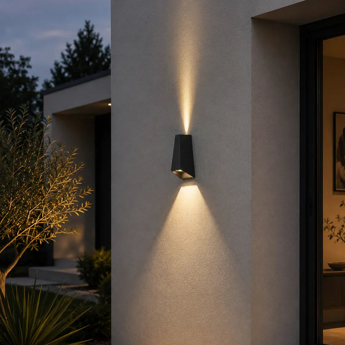 Applique murale extérieure LED noire installée sur une façade contemporaine avec éclairage haut et bas

