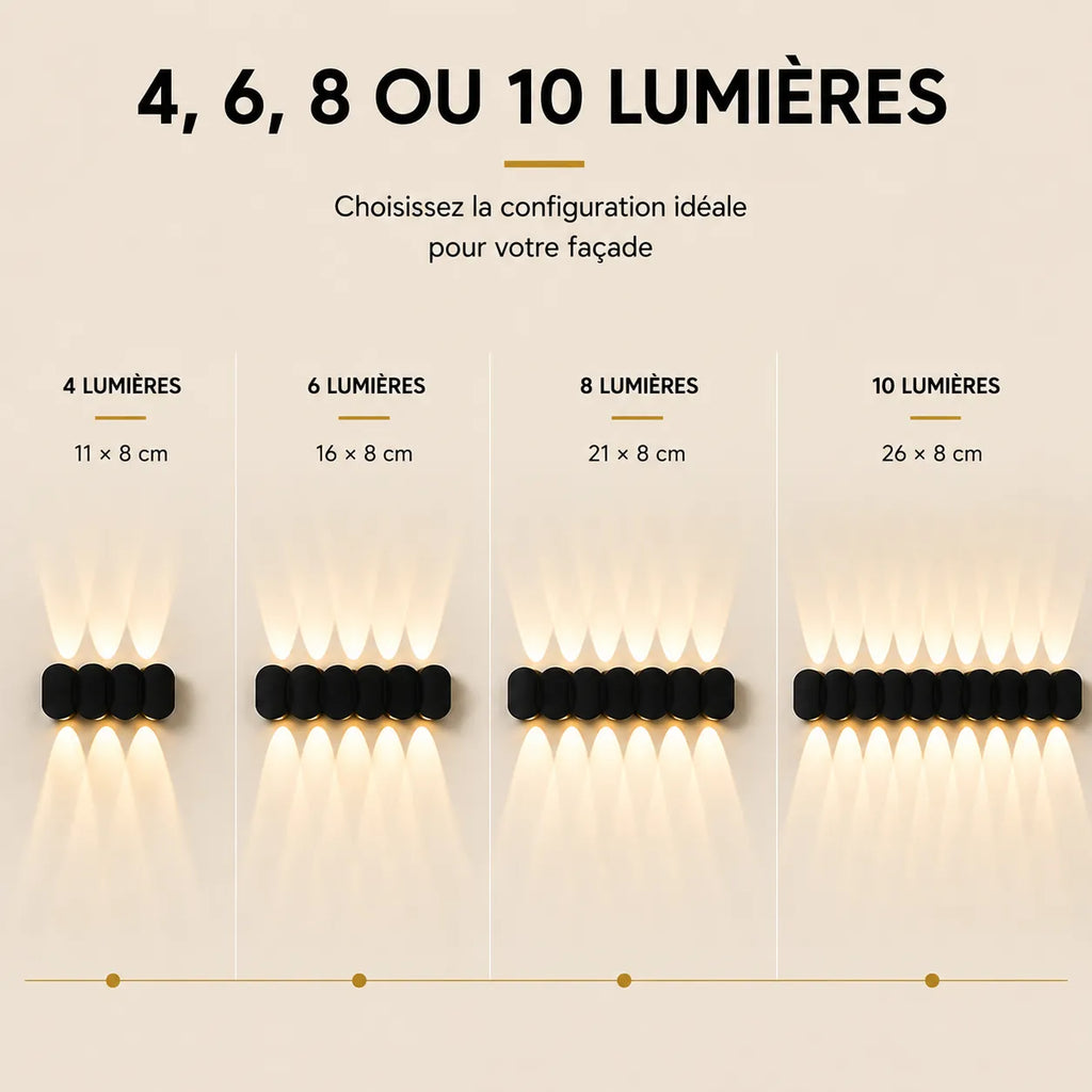 Applique murale extérieure LED noire disponible avec 4, 6, 8 ou 10 lumières