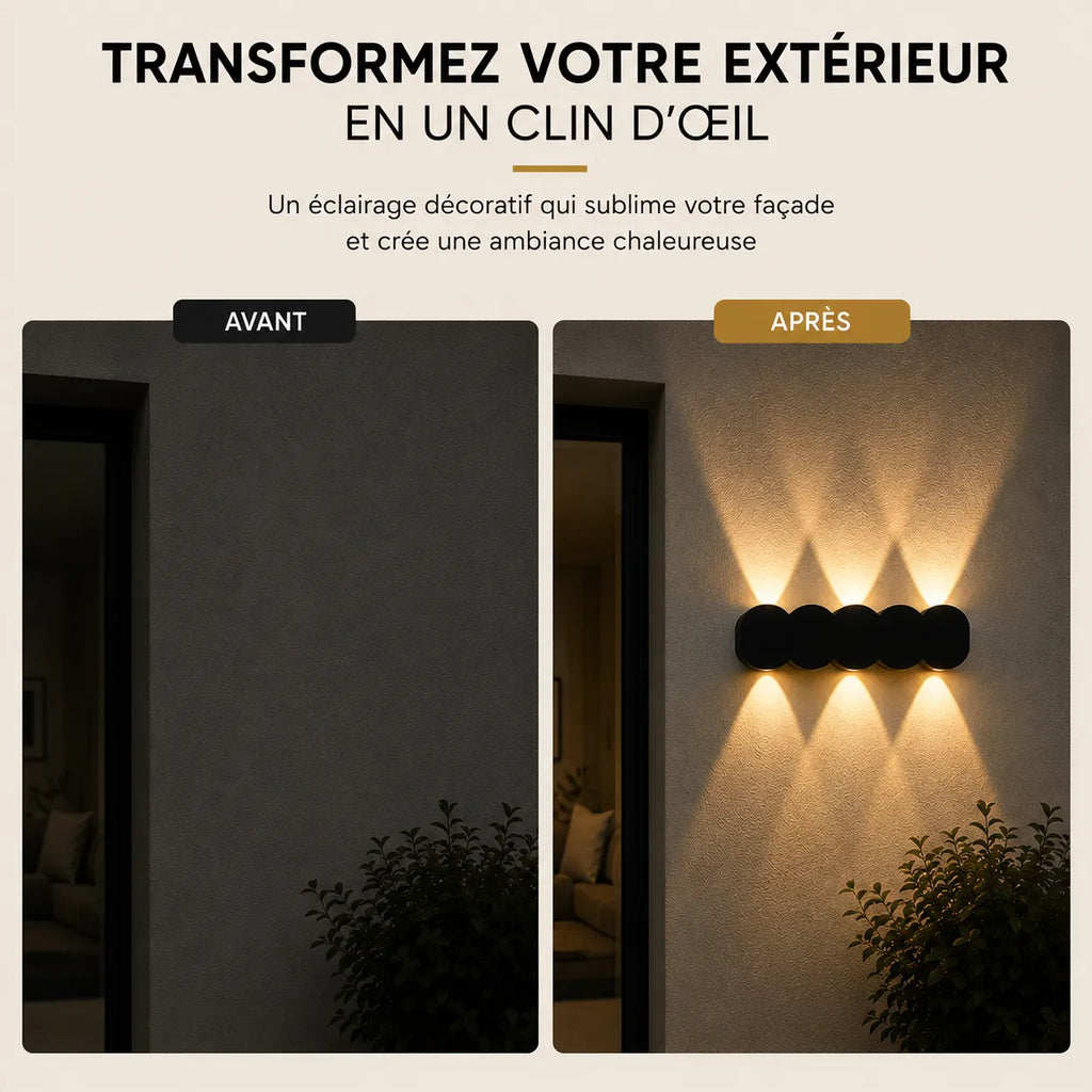 Avant et après installation d'une applique murale extérieure LED noire à faisceaux multiples