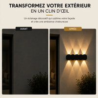 Avant et après installation d'une applique murale extérieure LED noire à faisceaux multiples
