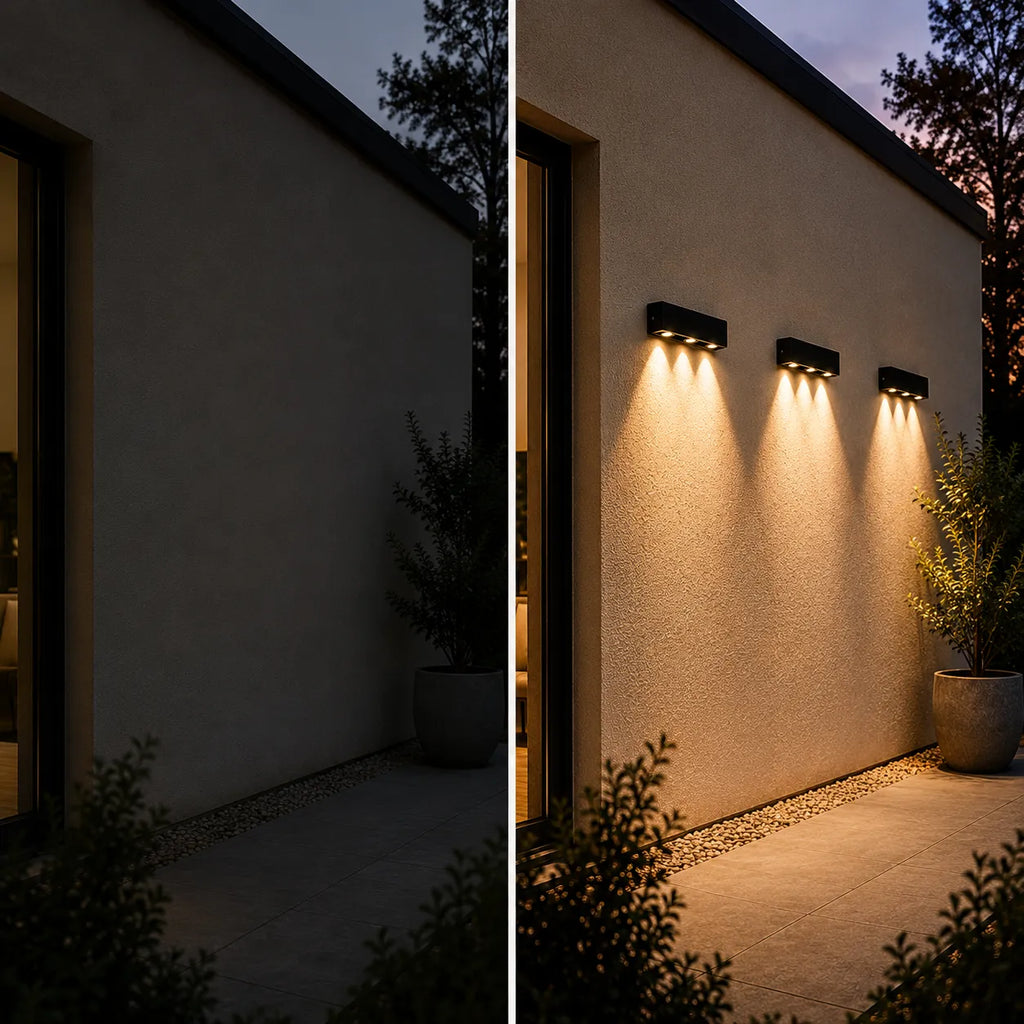 Avant et après installation d'une applique murale extérieure LED noire sur une façade
