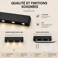Applique murale extérieure LED noire diffusant plusieurs faisceaux vers le bas
