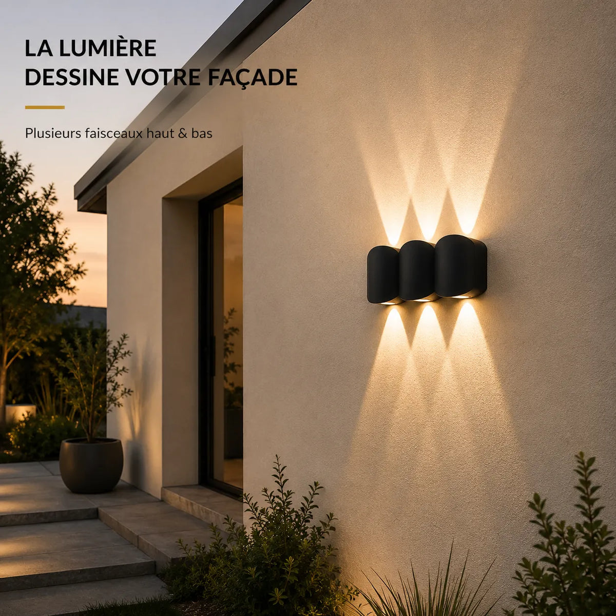 Applique murale extérieure LED noire diffusant plusieurs faisceaux vers le haut et le bas