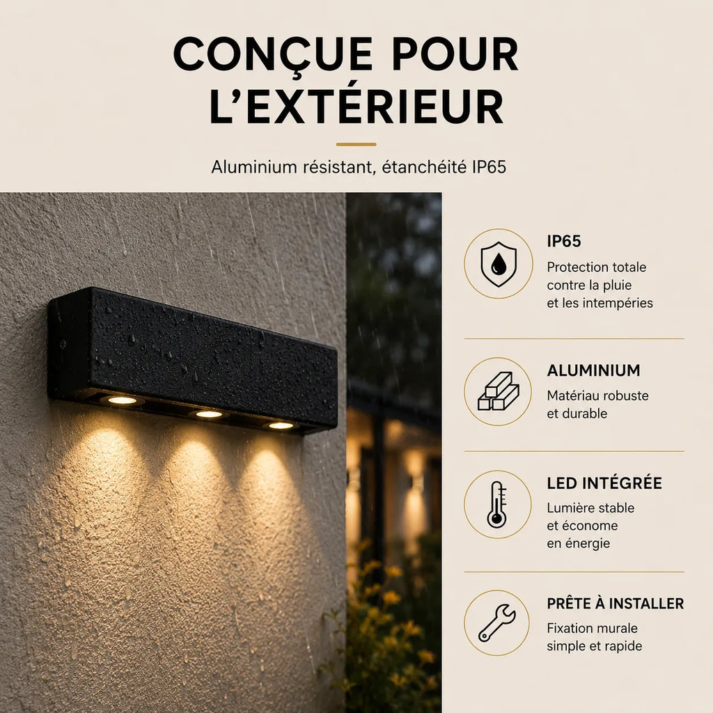 Applique murale extérieure LED noire IP65 installée sur une façade