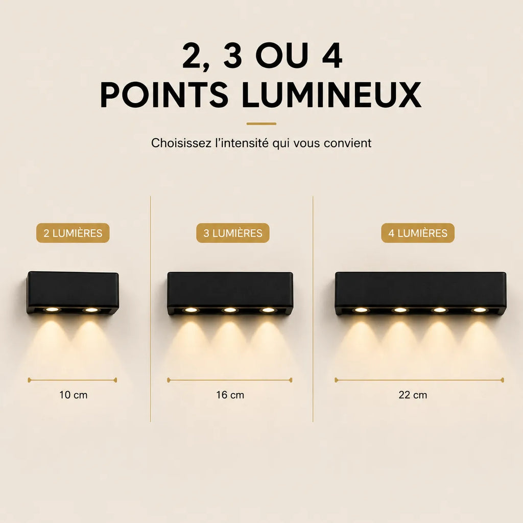 Applique murale extérieure LED noire disponible avec 2, 3 ou 4 points lumineux