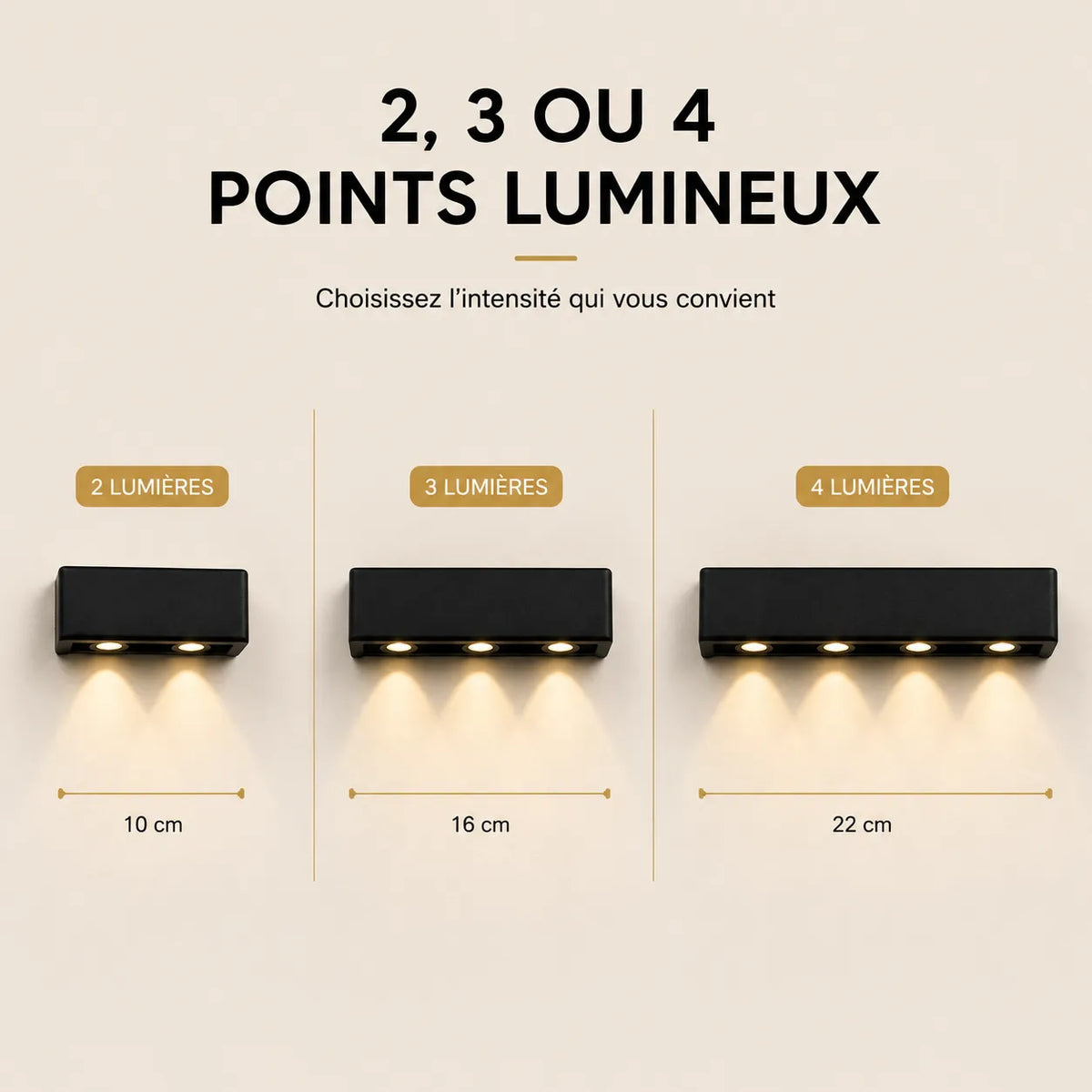Applique murale extérieure LED noire disponible avec 2, 3 ou 4 points lumineux