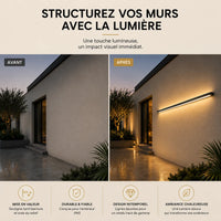 Comparaison entre une façade avant et après l'installation de l'applique afin de montrer la mise en valeur de l'architecture.

