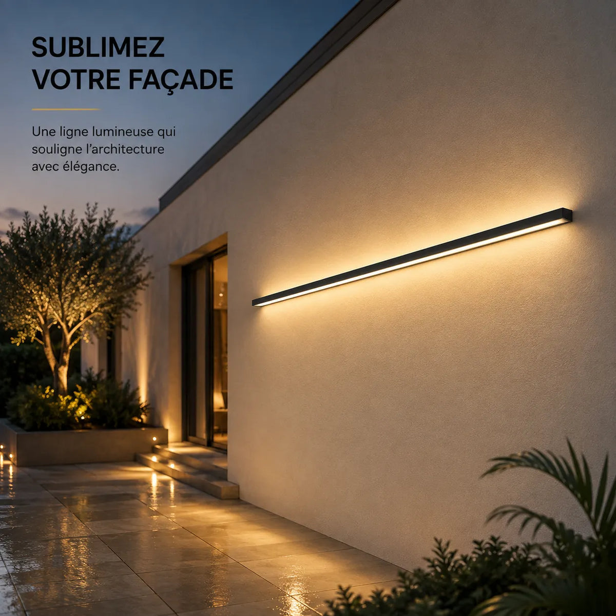 Applique murale extérieure LED linéaire installée sur une façade contemporaine
