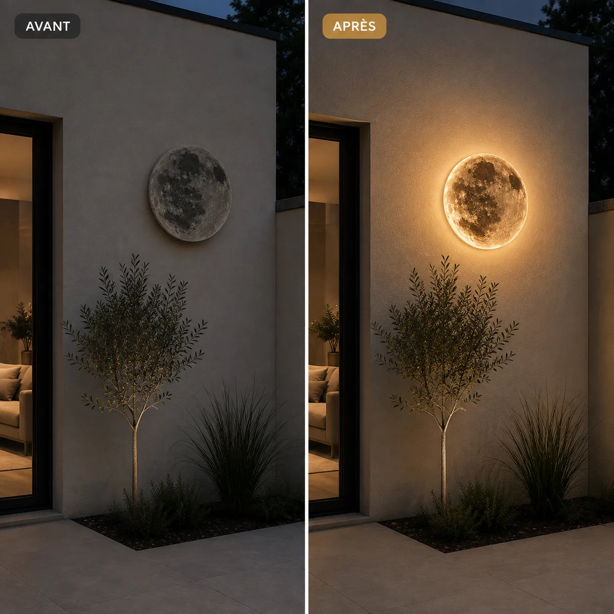 Avant et après installation d'une applique murale extérieure LED effet lune


