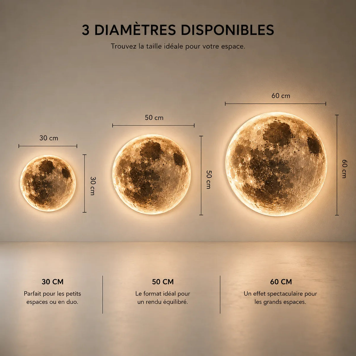 Applique murale extérieure LED effet lune disponible en 30, 50 et 60 cm


