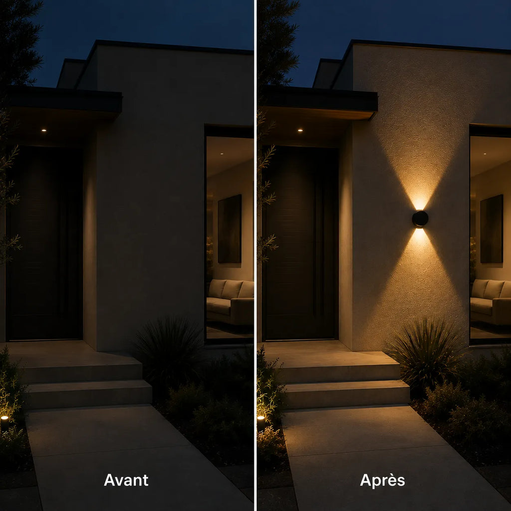 Avant et après installation d'une applique murale extérieure LED ronde à double faisceau sur une façade moderne