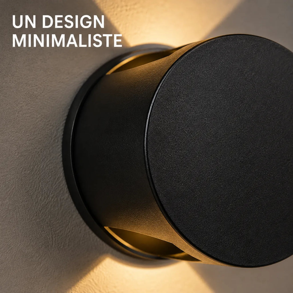 Détail de la finition en aluminium et du design rond de l'applique murale extérieure LED