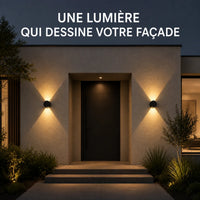 Applique murale extérieure LED ronde en aluminium installée sur une façade contemporaine