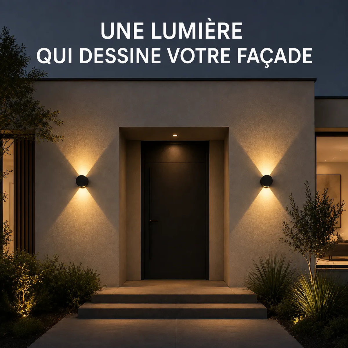 Applique murale extérieure LED ronde en aluminium installée sur une façade contemporaine